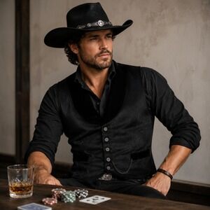 Wahmaker Frontier Vest Mens L Black Pinstripe Western Saloon Gambler USA
